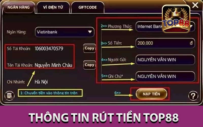 thông tin rút tiền top88